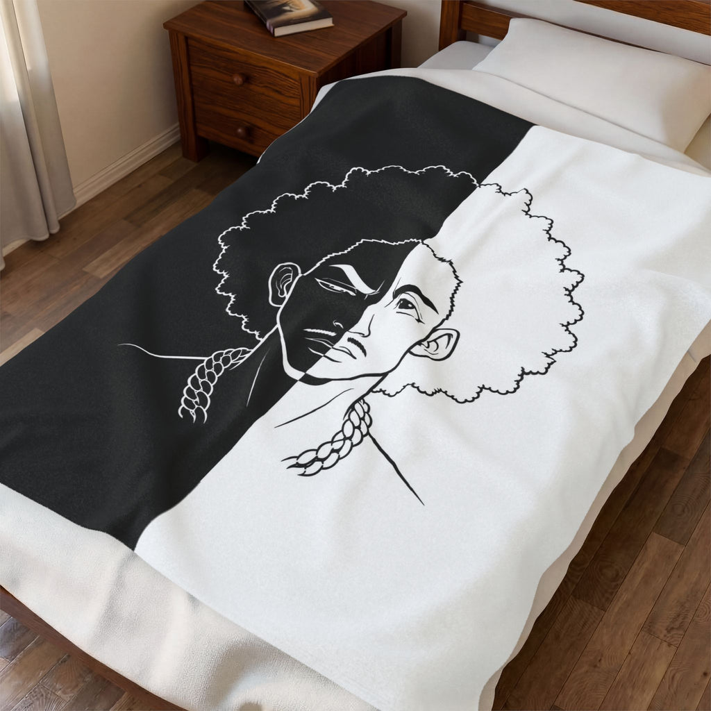 Velveteen Plush Blanket — Monochrome Split-Face Afro Portrait Throw