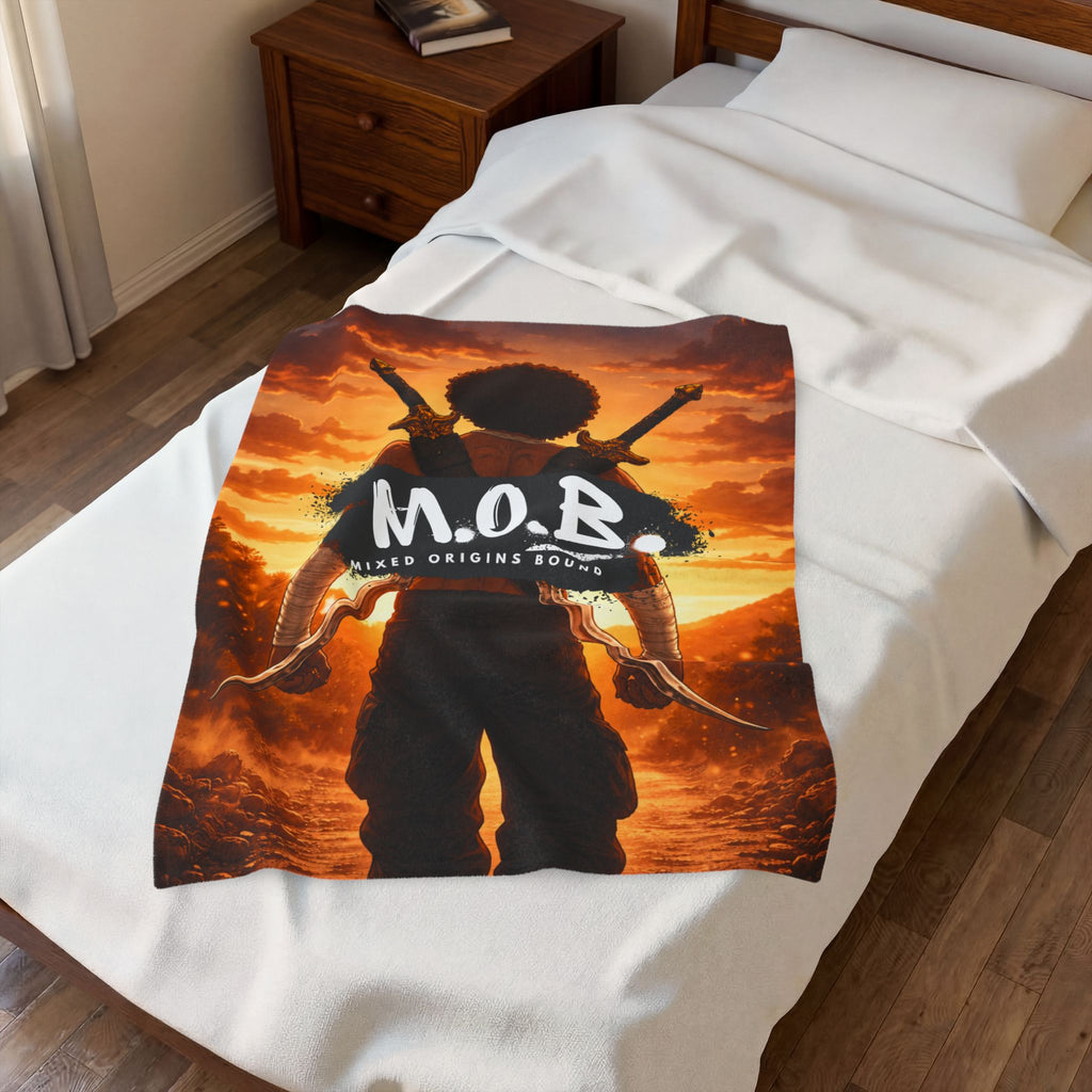 M.O.B. Velveteen Plush Blanket — Afro Warrior Sunset Throw with 'M.O.B. Mixed Origins Bound' Design