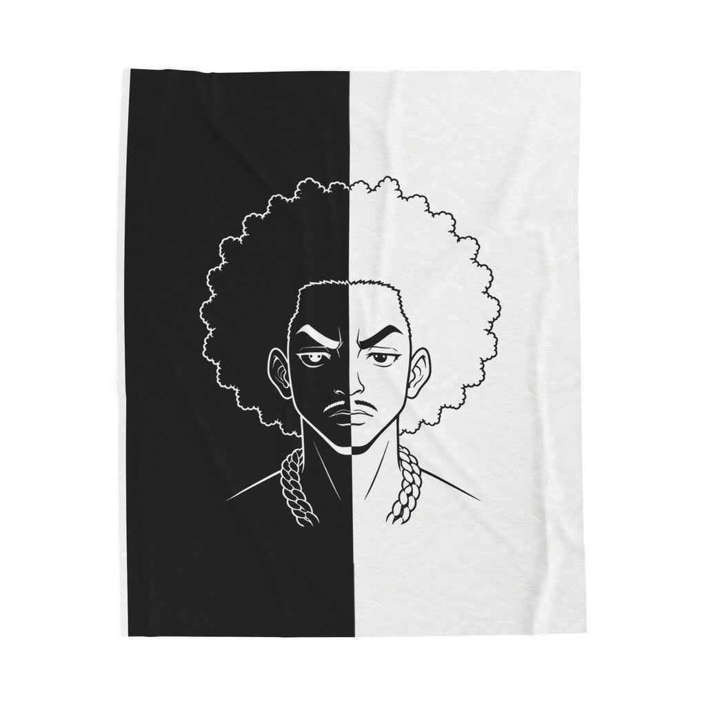 Velveteen Plush Blanket — Monochrome Split-Face Afro Portrait Throw