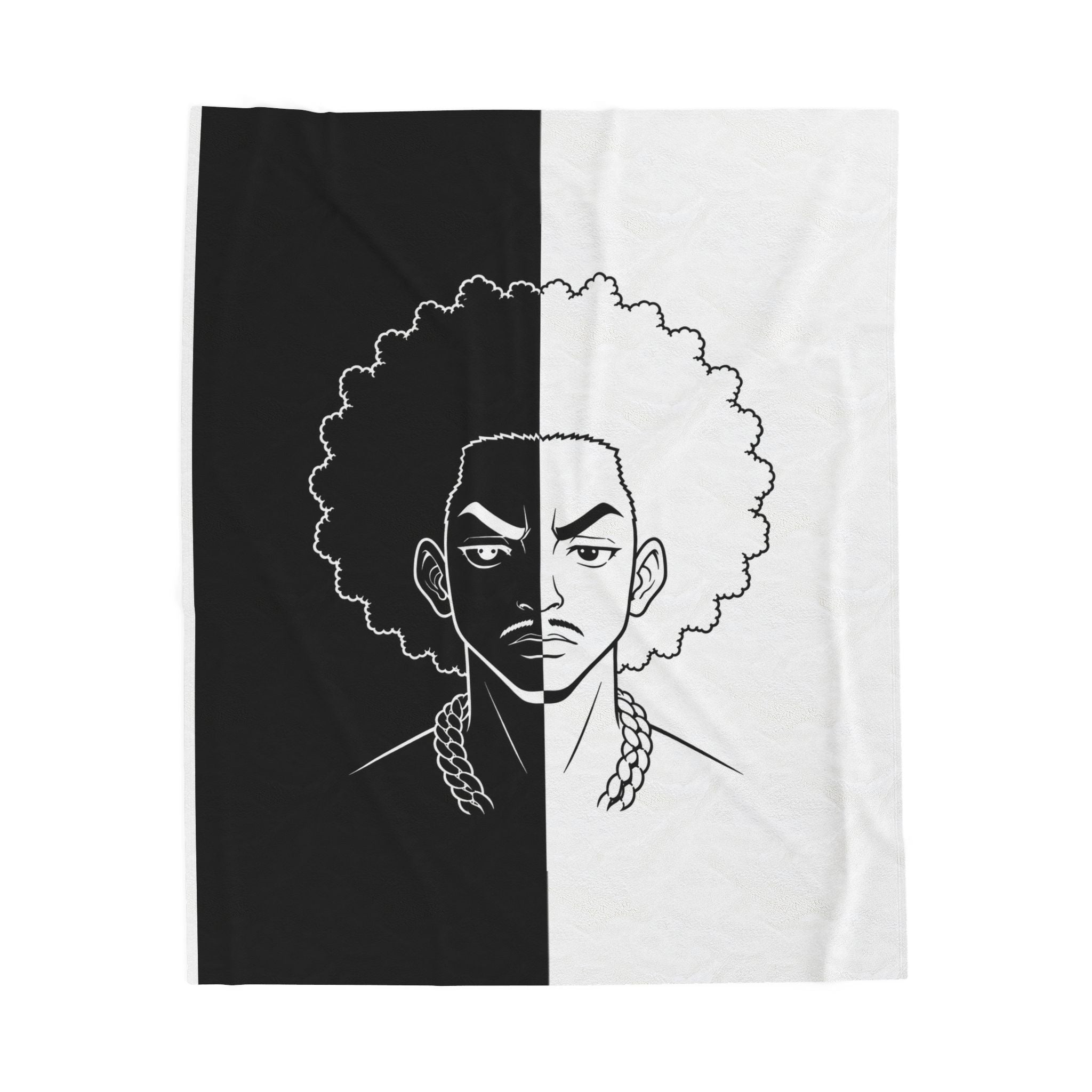 Velveteen Plush Blanket — Monochrome Split-Face Afro Portrait Throw