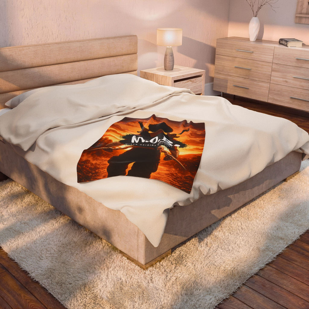 M.O.B. Velveteen Plush Blanket — Afro Warrior Sunset Throw with 'M.O.B. Mixed Origins Bound' Design