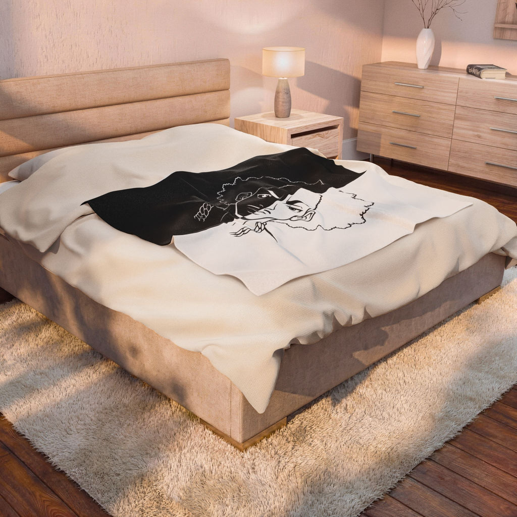 Velveteen Plush Blanket — Monochrome Split-Face Afro Portrait Throw