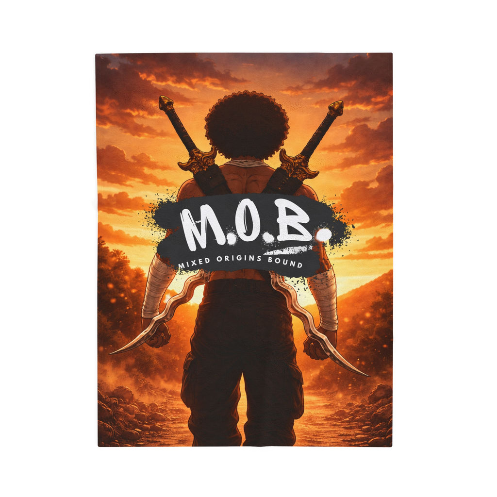 M.O.B. Velveteen Plush Blanket — Afro Warrior Sunset Throw with 'M.O.B. Mixed Origins Bound' Design