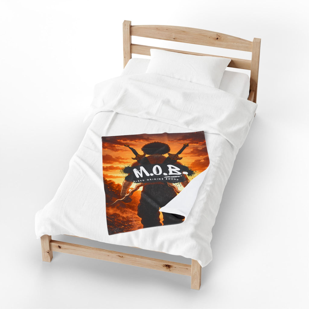 M.O.B. Velveteen Plush Blanket — Afro Warrior Sunset Throw with 'M.O.B. Mixed Origins Bound' Design