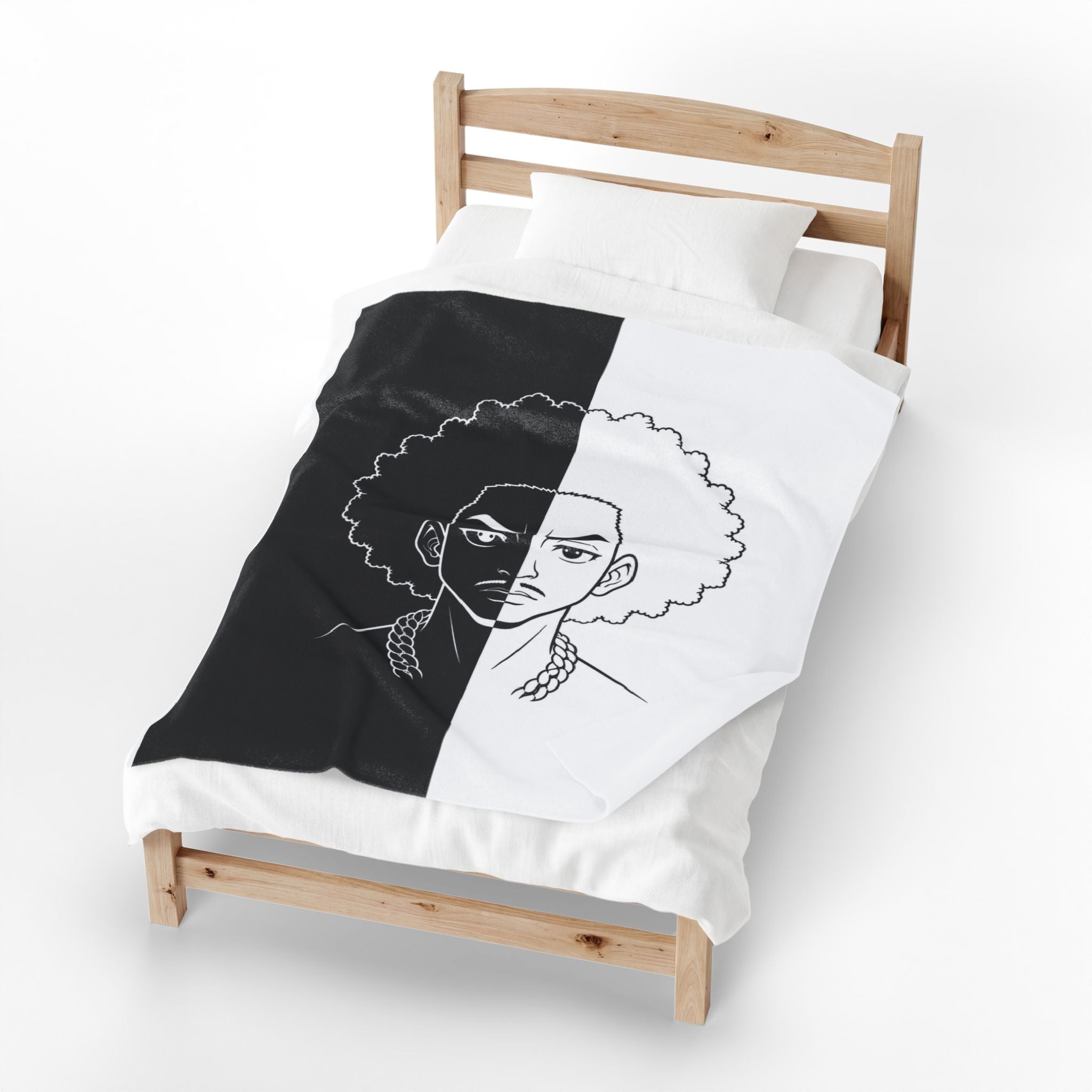 Velveteen Plush Blanket — Monochrome Split-Face Afro Portrait Throw